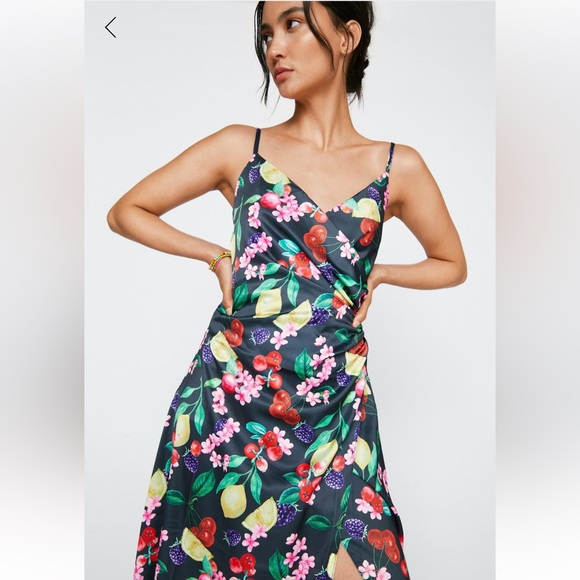 Satin Fruit Maxi Wrap Dress - Picture 2 of 4